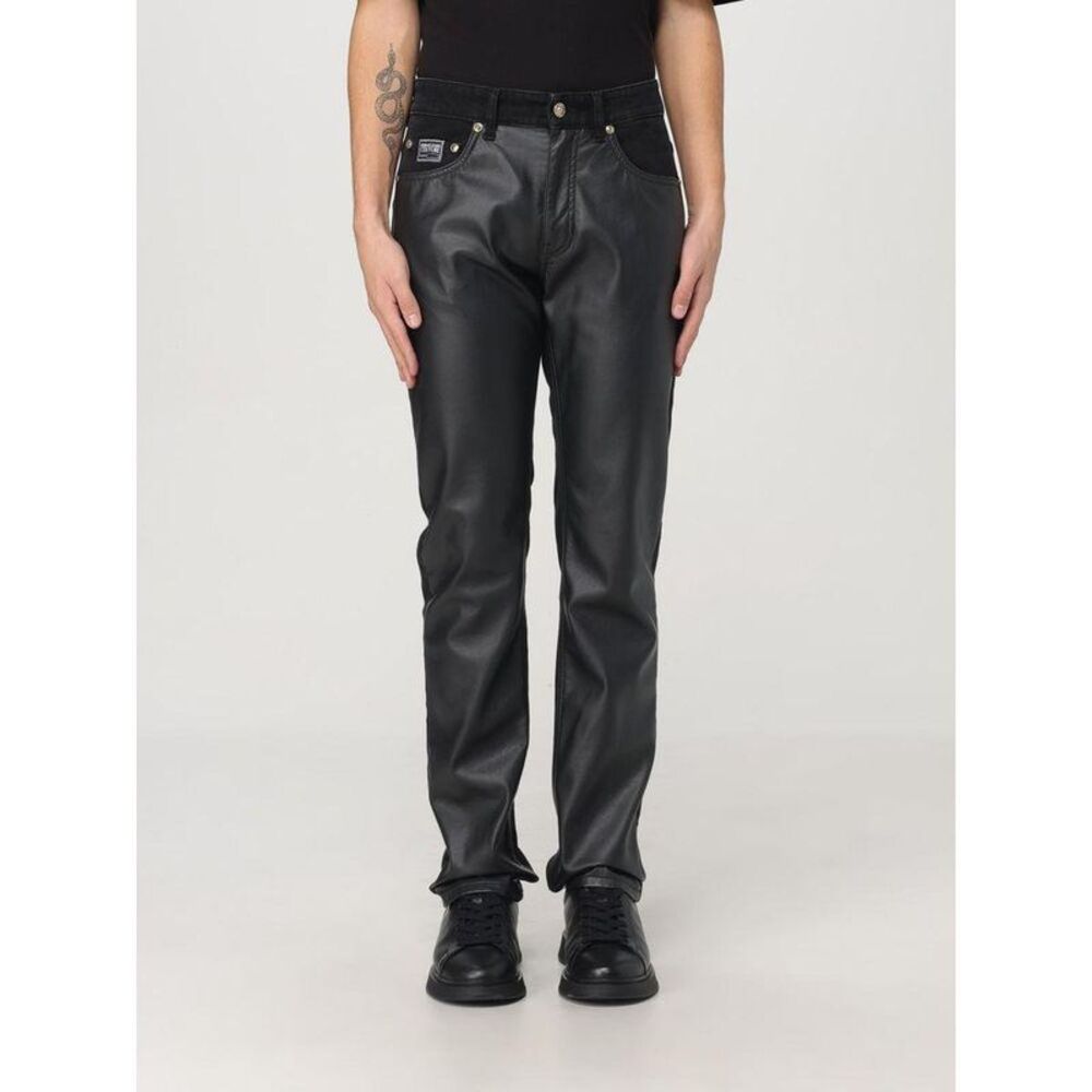 Versace Jeans Genuine Leather Straight-Leg Pants Men Black Bottoms